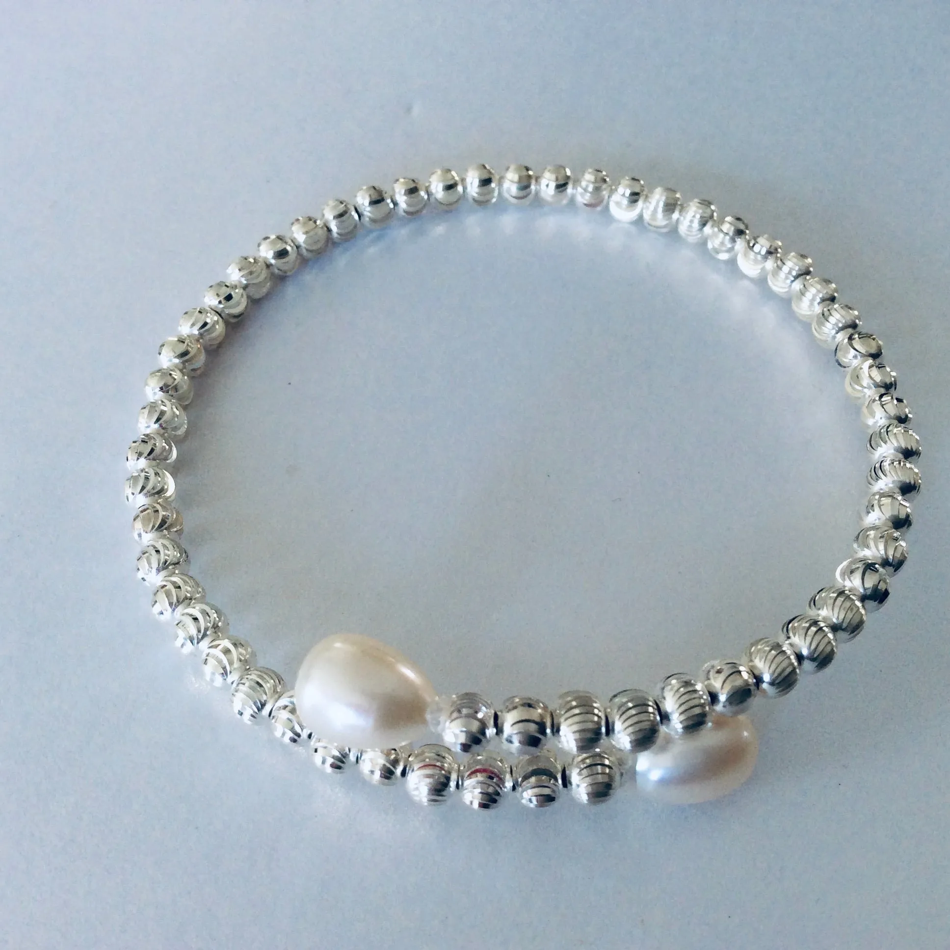 Sterling Silver Freshwater Pearl Bead Cuff Bracelet Memory Wire Silver Faceted Beaded Bangle