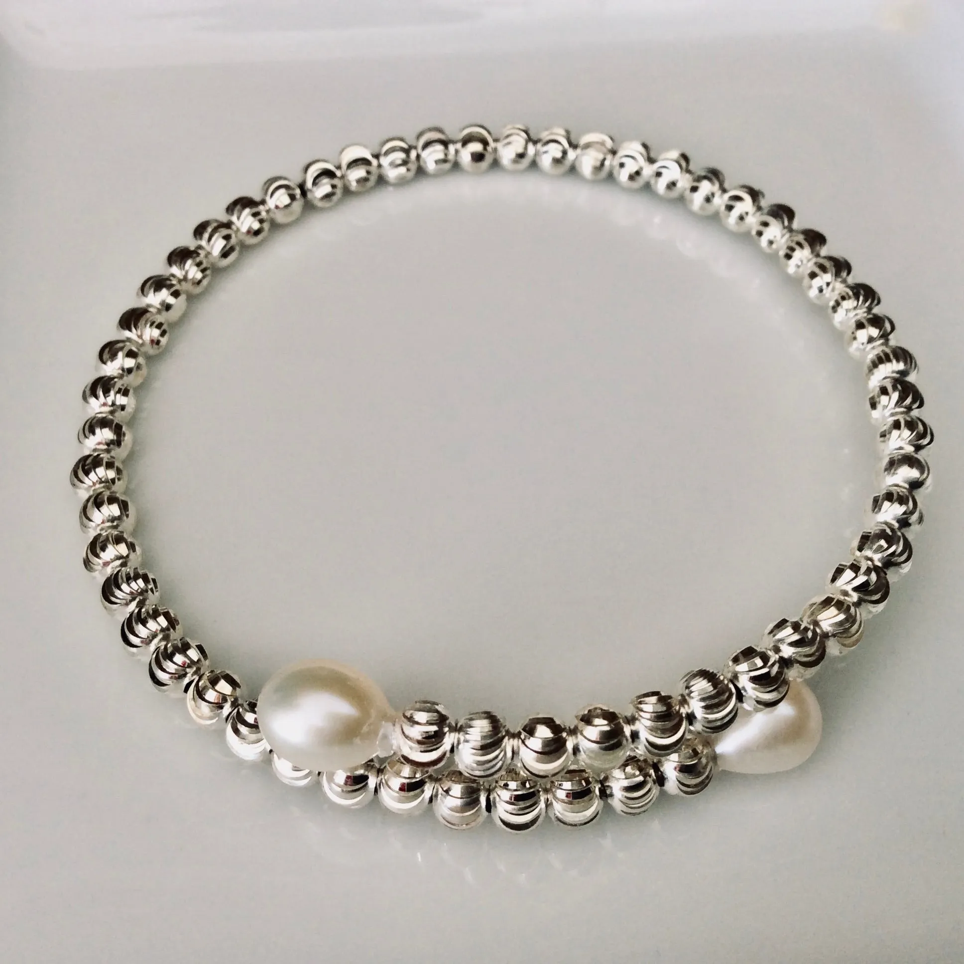 Sterling Silver Freshwater Pearl Bead Cuff Bracelet Memory Wire Silver Faceted Beaded Bangle