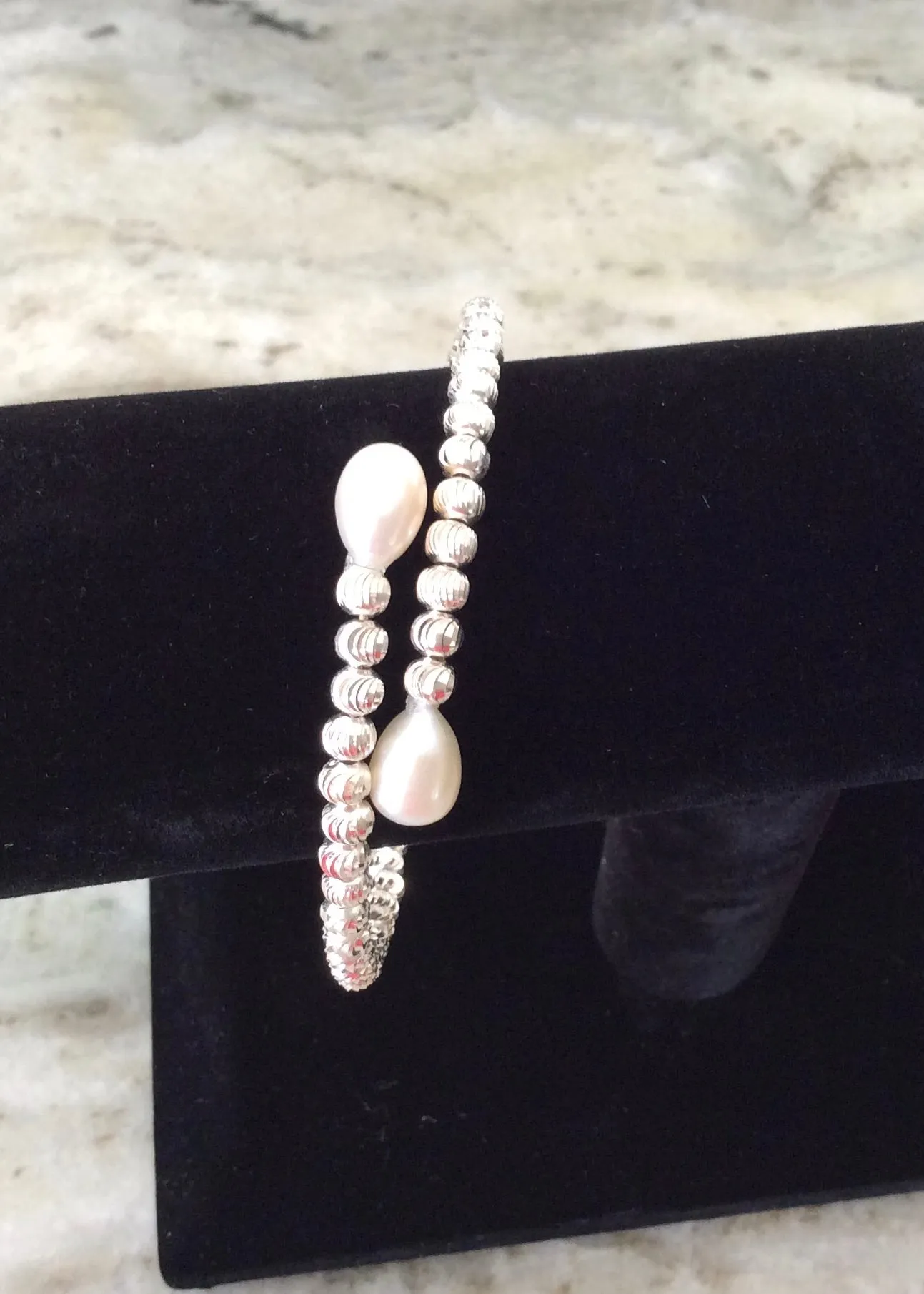 Sterling Silver Freshwater Pearl Bead Cuff Bracelet Memory Wire Silver Faceted Beaded Bangle
