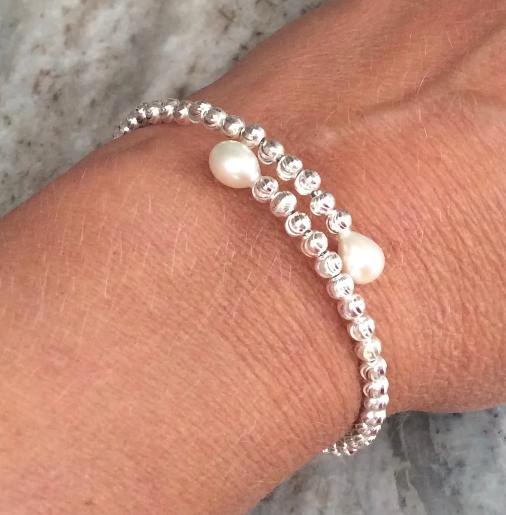 Sterling Silver Freshwater Pearl Bead Cuff Bracelet Memory Wire Silver Faceted Beaded Bangle