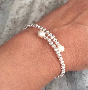 Sterling Silver Freshwater Pearl Bead Cuff Bracelet Memory Wire Silver Faceted Beaded Bangle