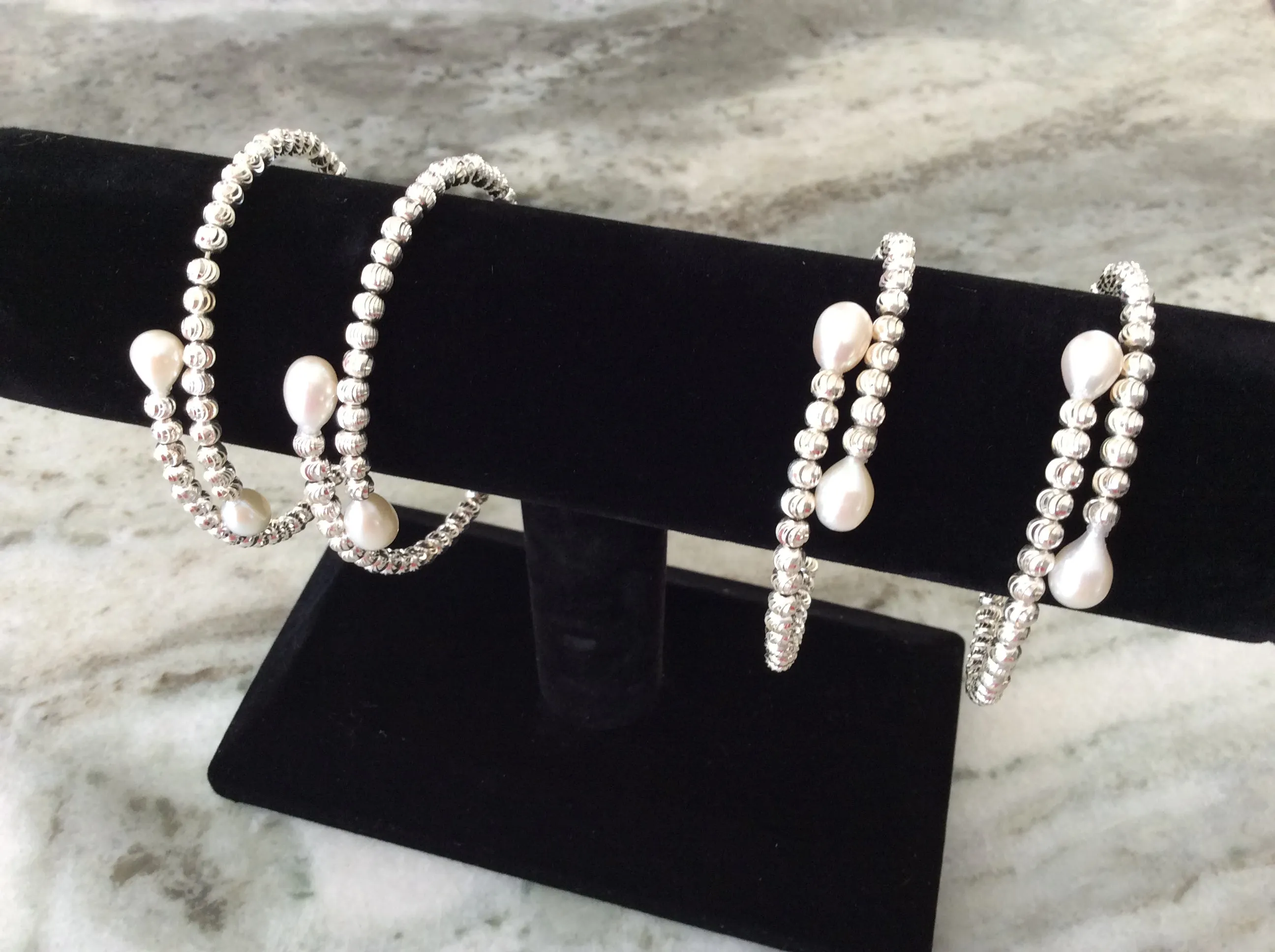 Sterling Silver Freshwater Pearl Bead Cuff Bracelet Memory Wire Silver Faceted Beaded Bangle