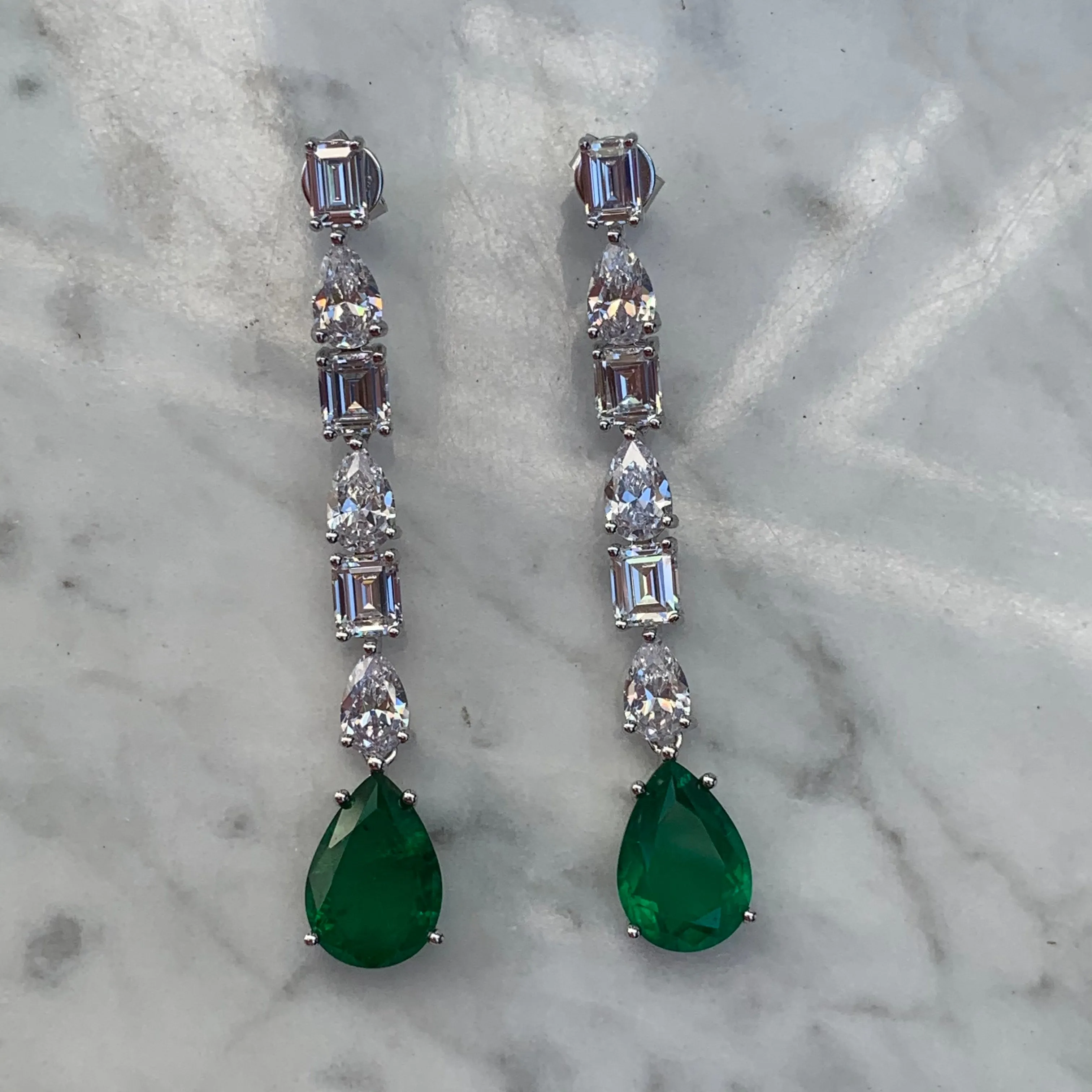 Sterling silver pear shaped drop emerald earrings