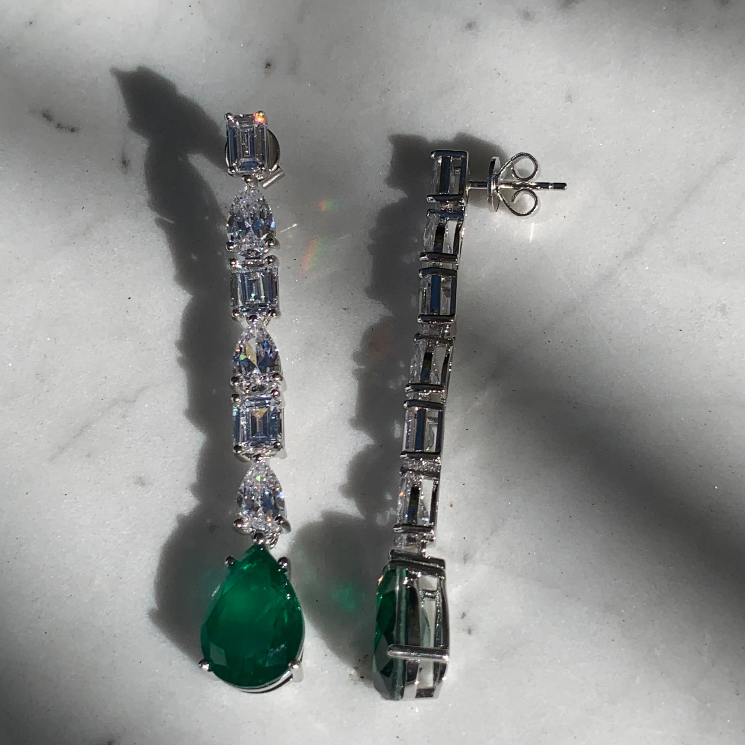 Sterling silver pear shaped drop emerald earrings