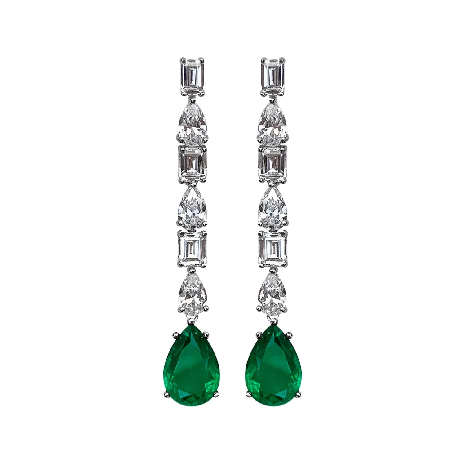 Sterling silver pear shaped drop emerald earrings