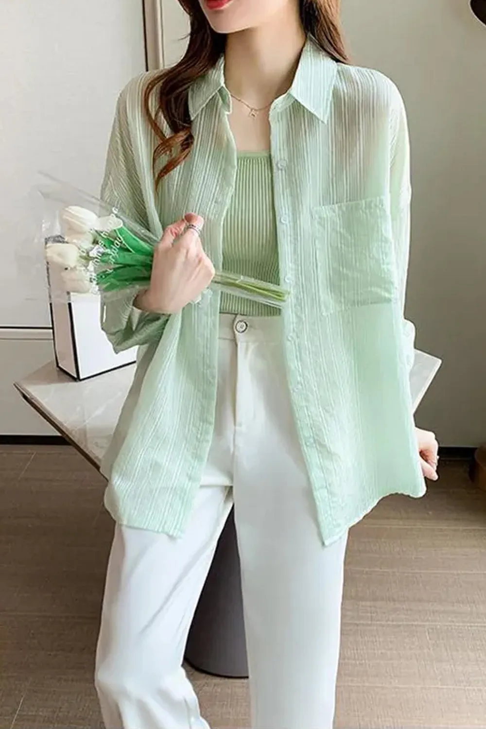 Striped Sun Proof Chiffon Office Blouse Shirt