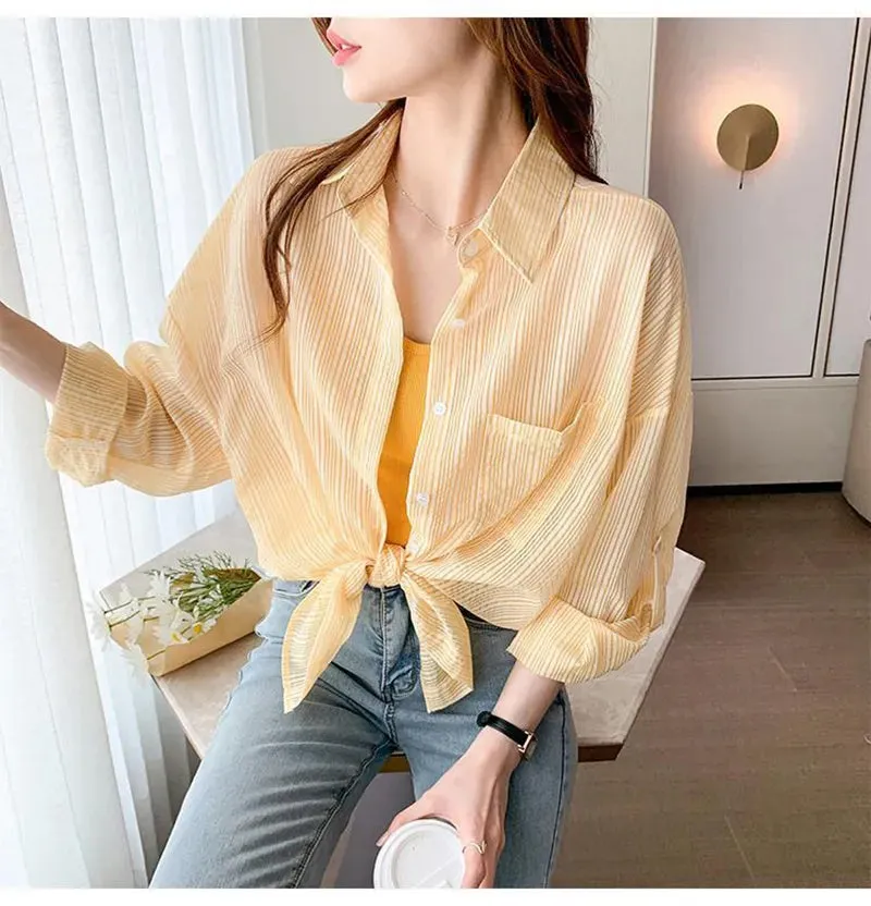 Striped Sun Proof Chiffon Office Blouse Shirt
