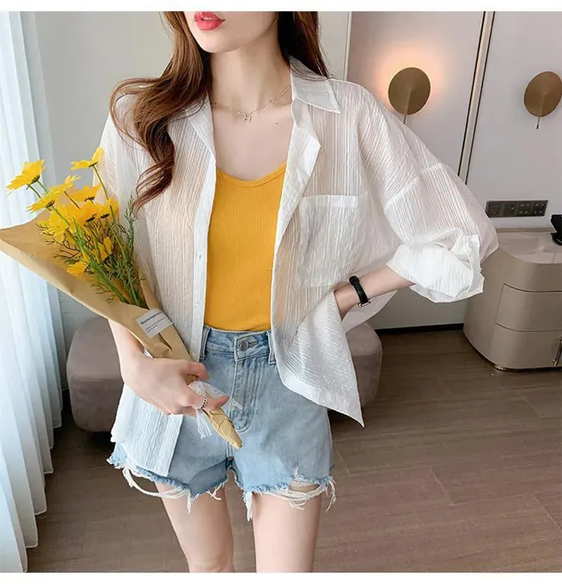 Striped Sun Proof Chiffon Office Blouse Shirt