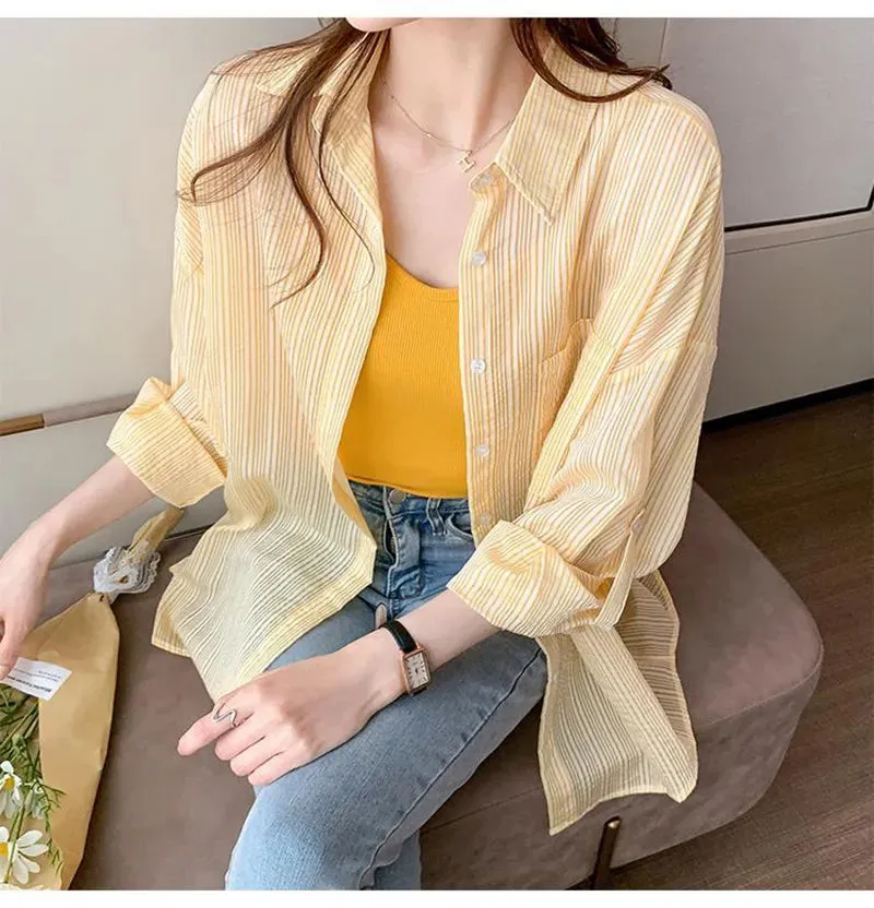 Striped Sun Proof Chiffon Office Blouse Shirt