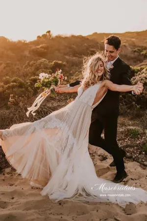 Stunning Tulle A-line V-neck Beach Wedding Dresses With Lace Appliques, MW992
