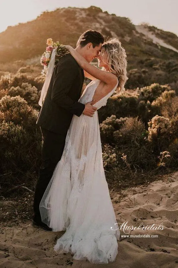 Stunning Tulle A-line V-neck Beach Wedding Dresses With Lace Appliques, MW992
