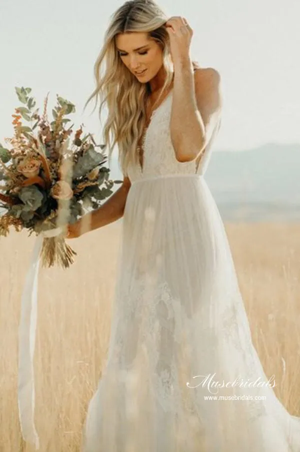 Stunning Tulle A-line V-neck Beach Wedding Dresses With Lace Appliques, MW992