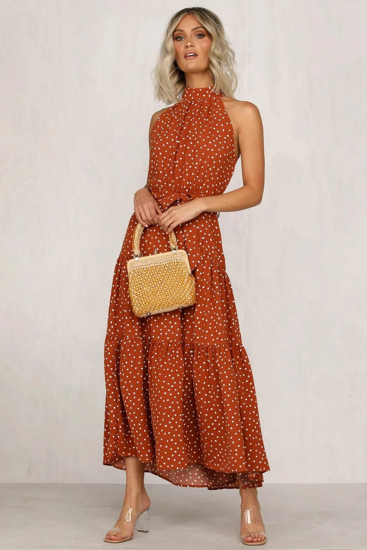 Summer Sleeveless High Neck Ruffled Long Dresses