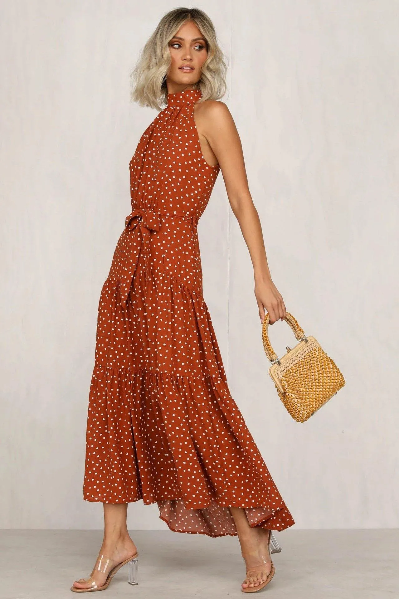 Summer Sleeveless High Neck Ruffled Long Dresses
