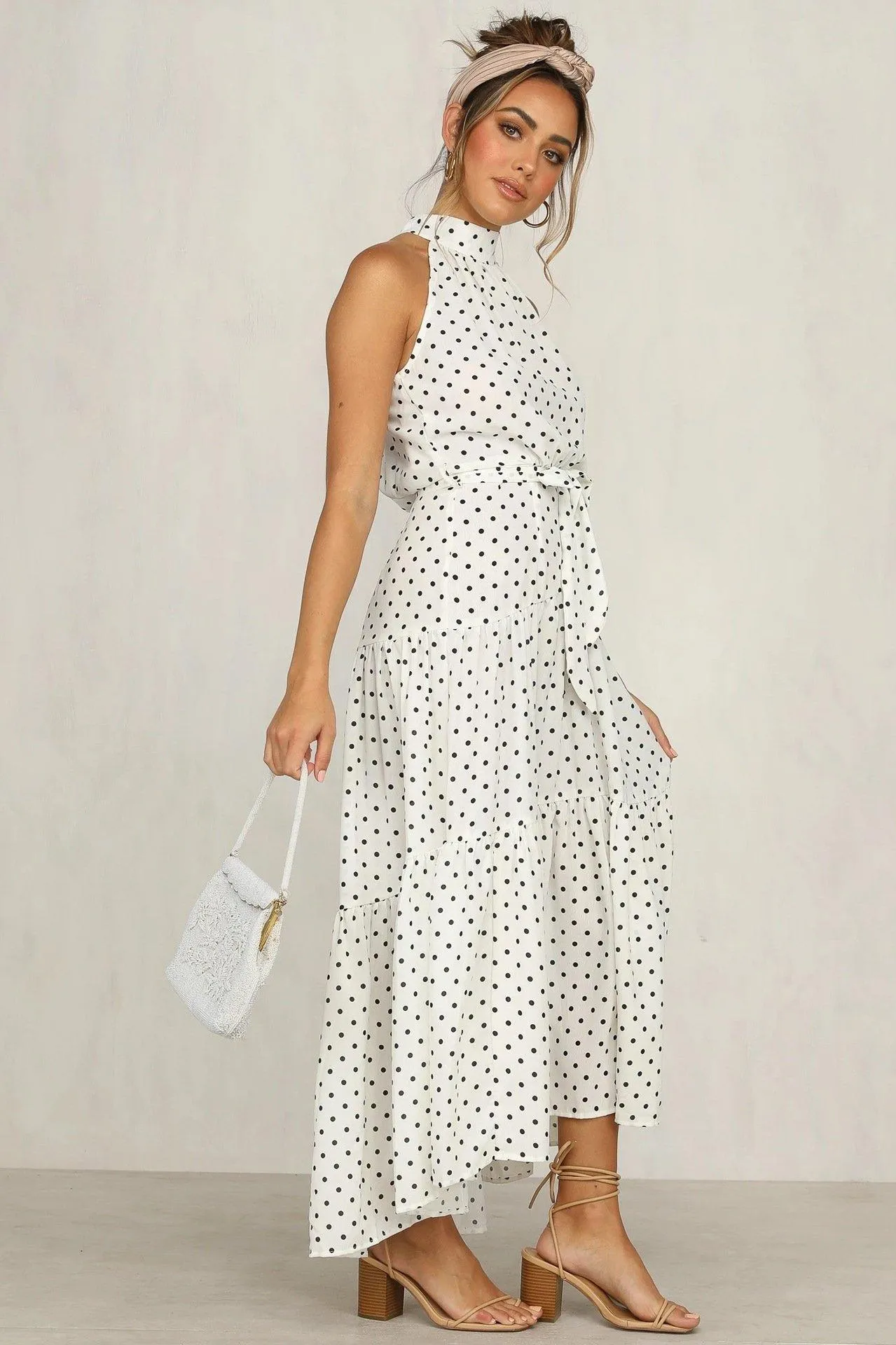 Summer Sleeveless High Neck Ruffled Long Dresses