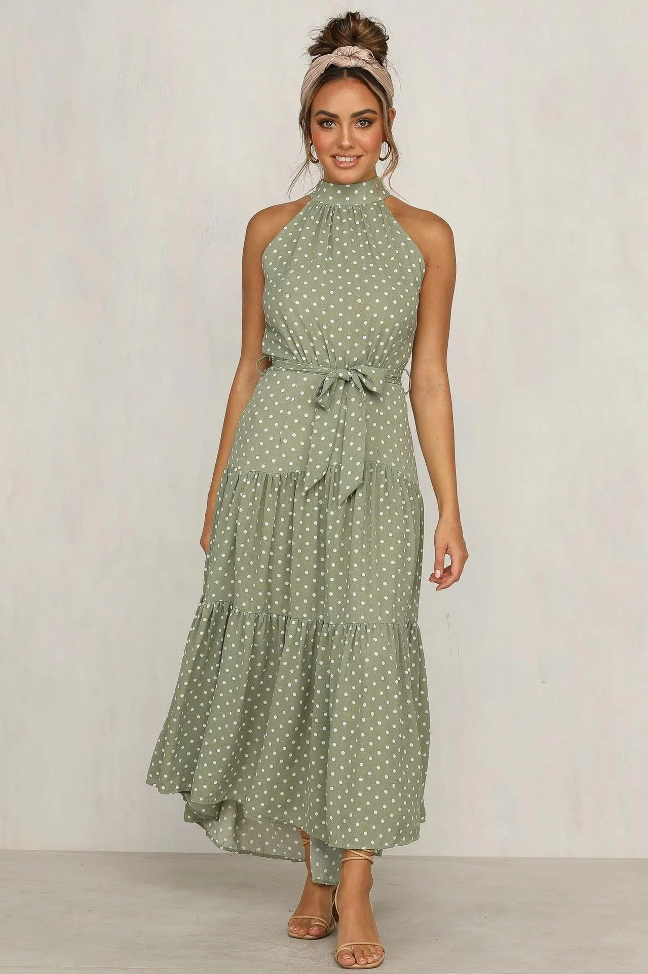 Summer Sleeveless High Neck Ruffled Long Dresses