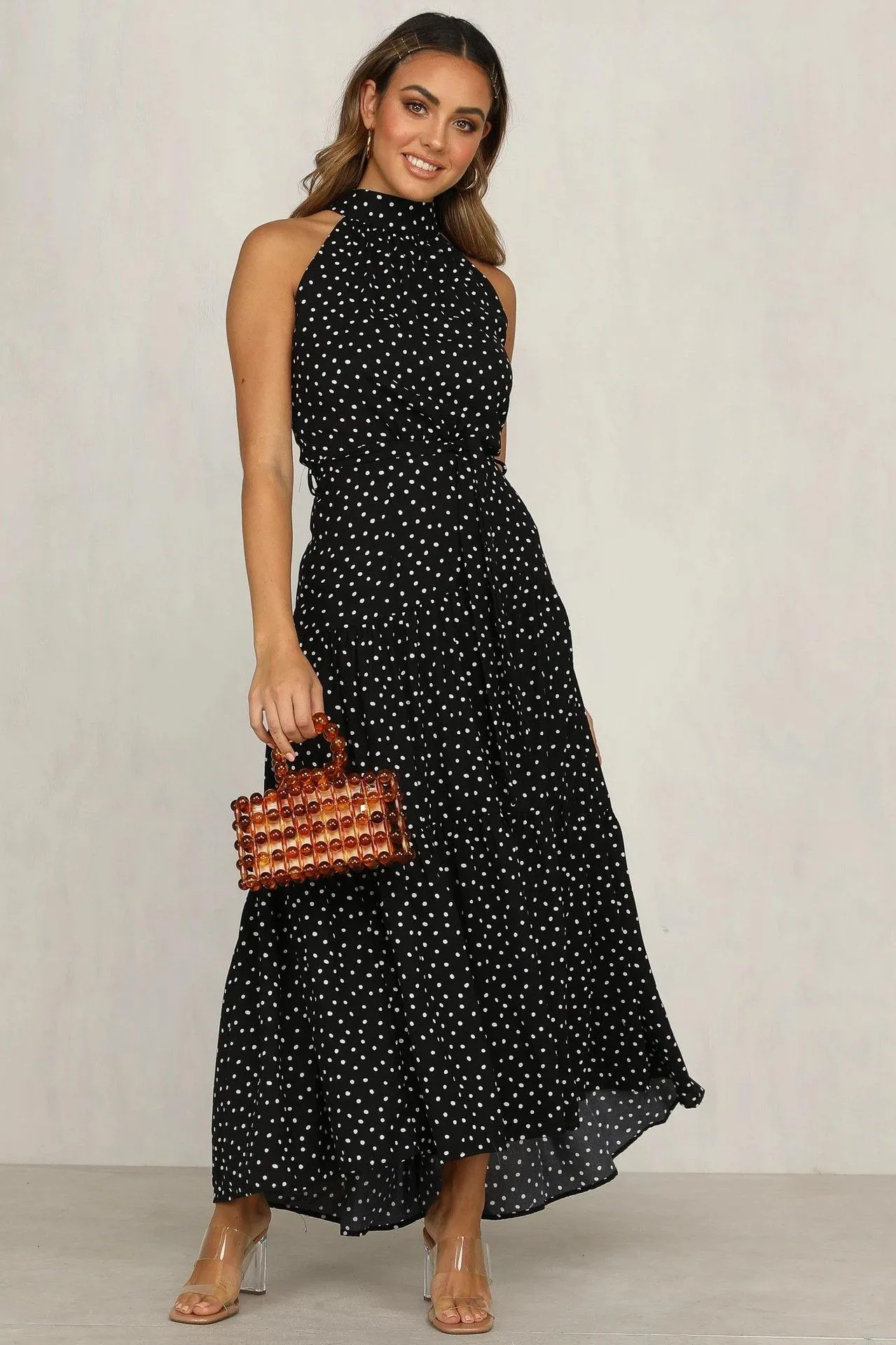 Summer Sleeveless High Neck Ruffled Long Dresses