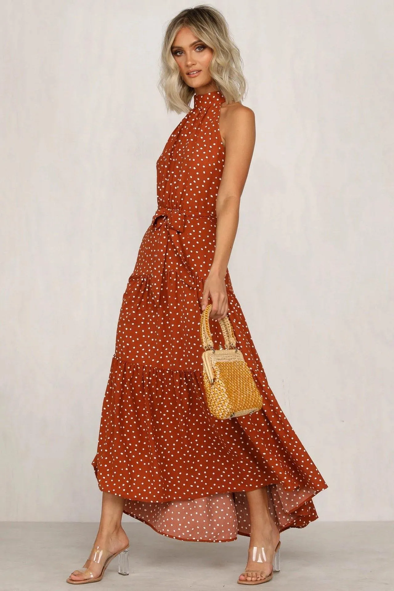 Summer Sleeveless High Neck Ruffled Long Dresses