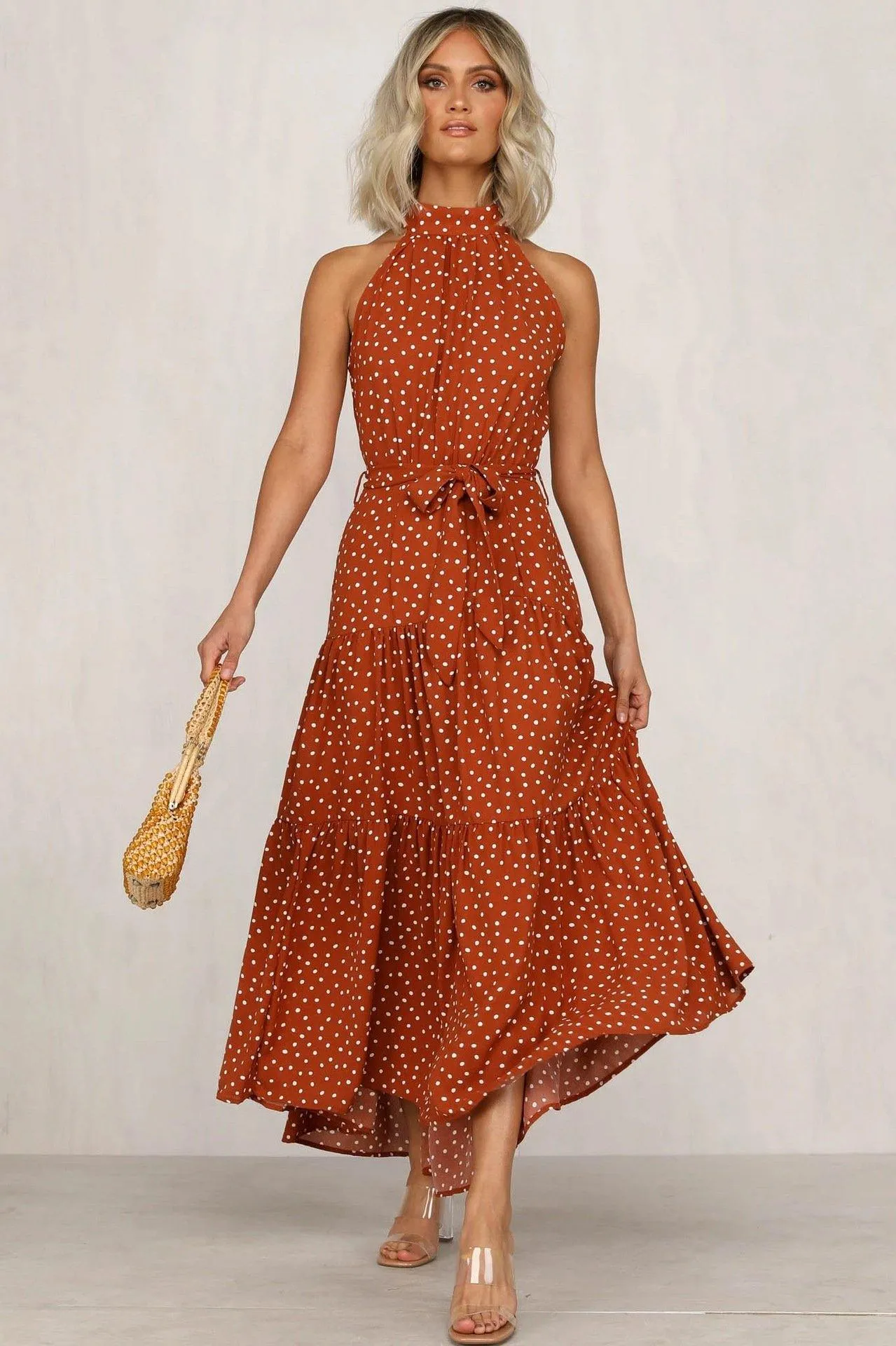 Summer Sleeveless High Neck Ruffled Long Dresses