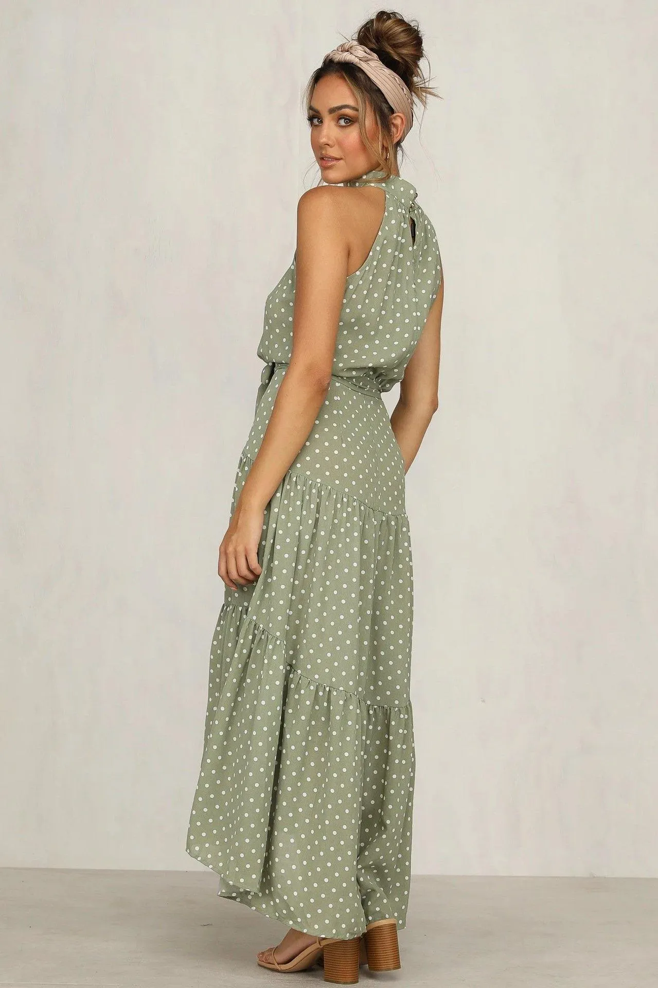 Summer Sleeveless High Neck Ruffled Long Dresses