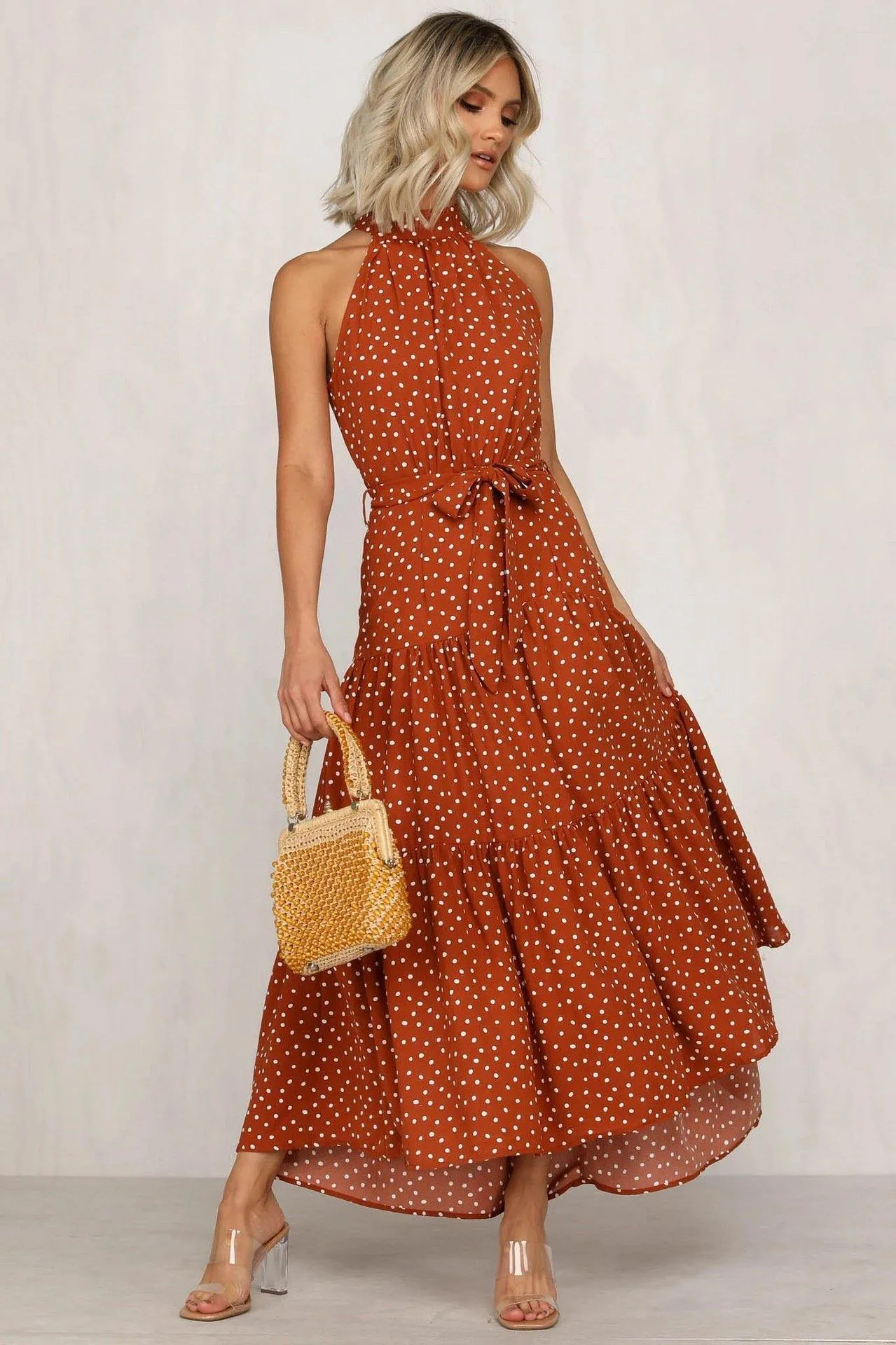 Summer Sleeveless High Neck Ruffled Long Dresses