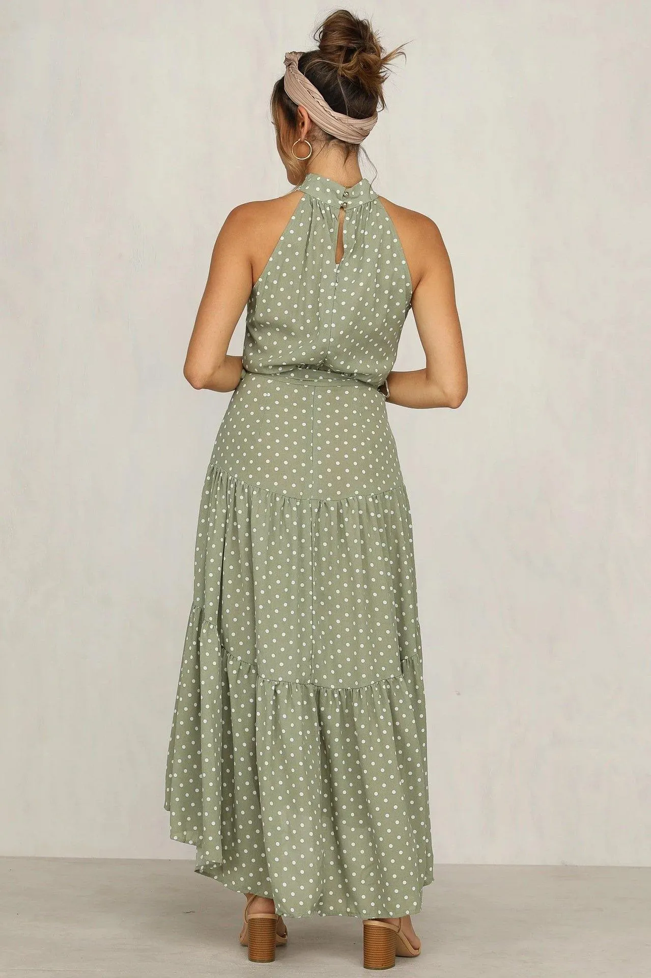 Summer Sleeveless High Neck Ruffled Long Dresses