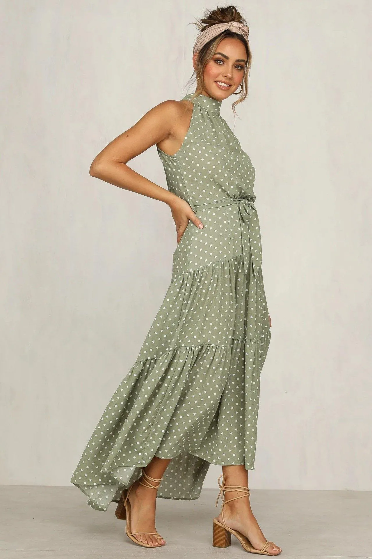 Summer Sleeveless High Neck Ruffled Long Dresses