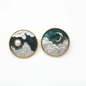 Sun and Moon Brooch Ear Clips Stud Earrings