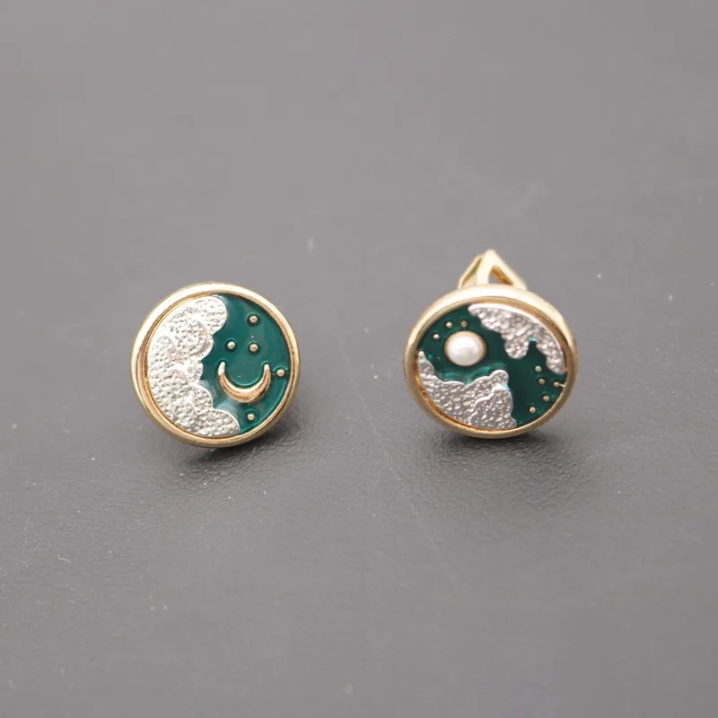 Sun and Moon Brooch Ear Clips Stud Earrings