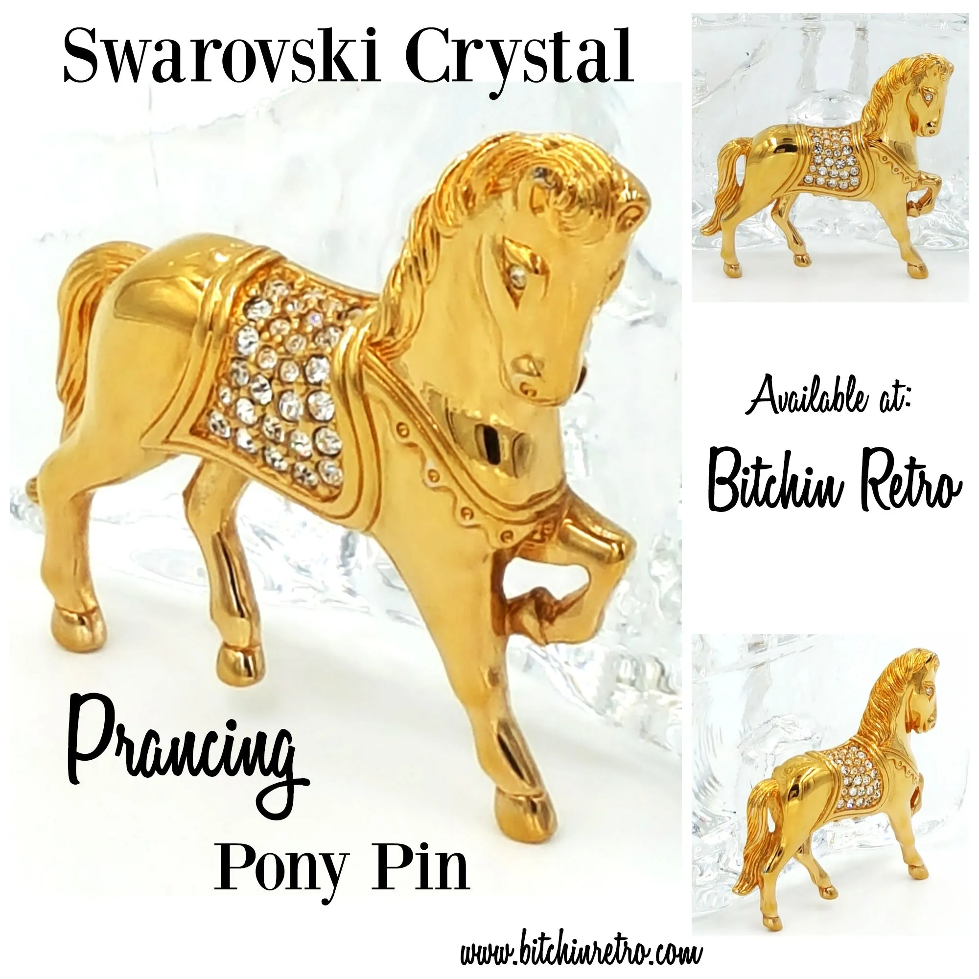 Swarovski Crystal Horse Brooch with Swan Logo and Pave Set Crystals