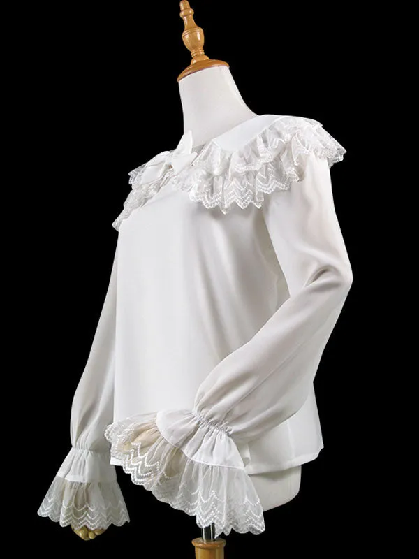 Sweet Lolita Blouse Lace Ruffle Bow Peter Pan Collar White Chiffon Lolita Top