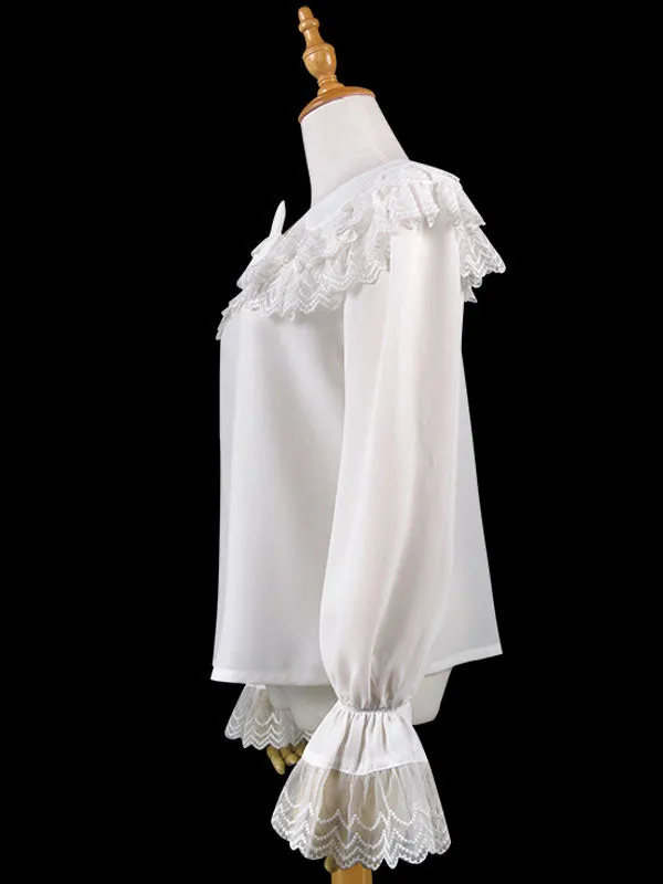 Sweet Lolita Blouse Lace Ruffle Bow Peter Pan Collar White Chiffon Lolita Top