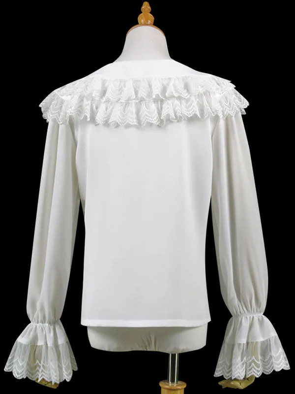 Sweet Lolita Blouse Lace Ruffle Bow Peter Pan Collar White Chiffon Lolita Top