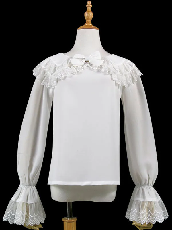 Sweet Lolita Blouse Lace Ruffle Bow Peter Pan Collar White Chiffon Lolita Top