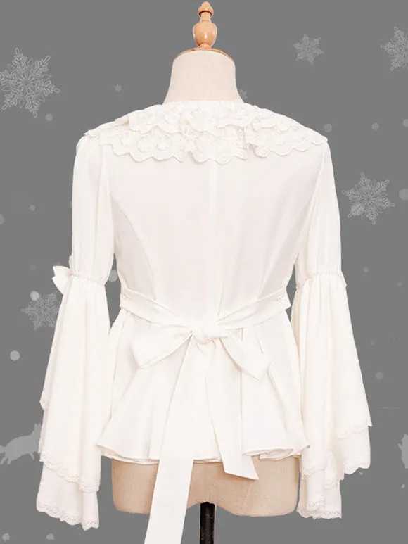 Sweet Lolita Blouses Bows Lace Long Sleeves Lolita Top Blouse Bow White Lolita Shirt