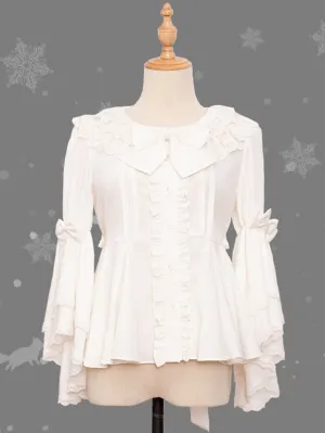 Sweet Lolita Blouses Bows Lace Long Sleeves Lolita Top Blouse Bow White Lolita Shirt