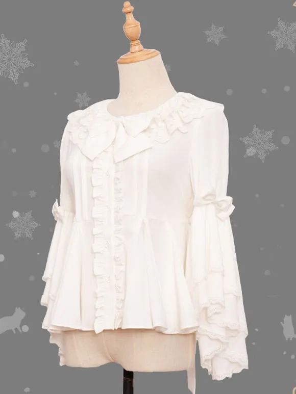Sweet Lolita Blouses Bows Lace Long Sleeves Lolita Top Blouse Bow White Lolita Shirt