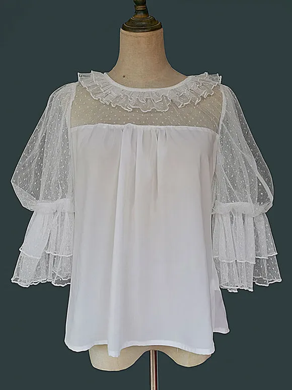 Sweet Lolita Blouses Infanta White Lolita Top Short Sleeves Lace Pleated Lolita Shirt