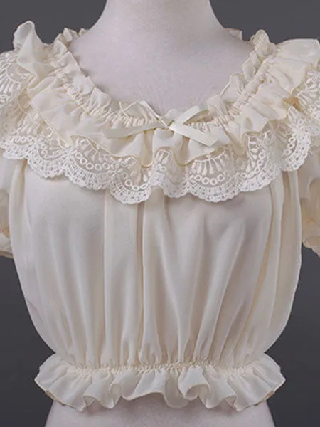 Sweet Lolita Tops White Chiffon Short Sleeve Lace Ruffles Lolita Crop Tops