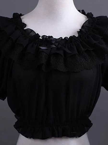 Sweet Lolita Tops White Chiffon Short Sleeve Lace Ruffles Lolita Crop Tops