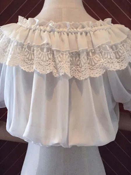 Sweet Lolita Tops White Chiffon Short Sleeve Lace Ruffles Lolita Crop Tops