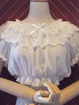 Sweet Lolita Tops White Chiffon Short Sleeve Lace Ruffles Lolita Crop Tops