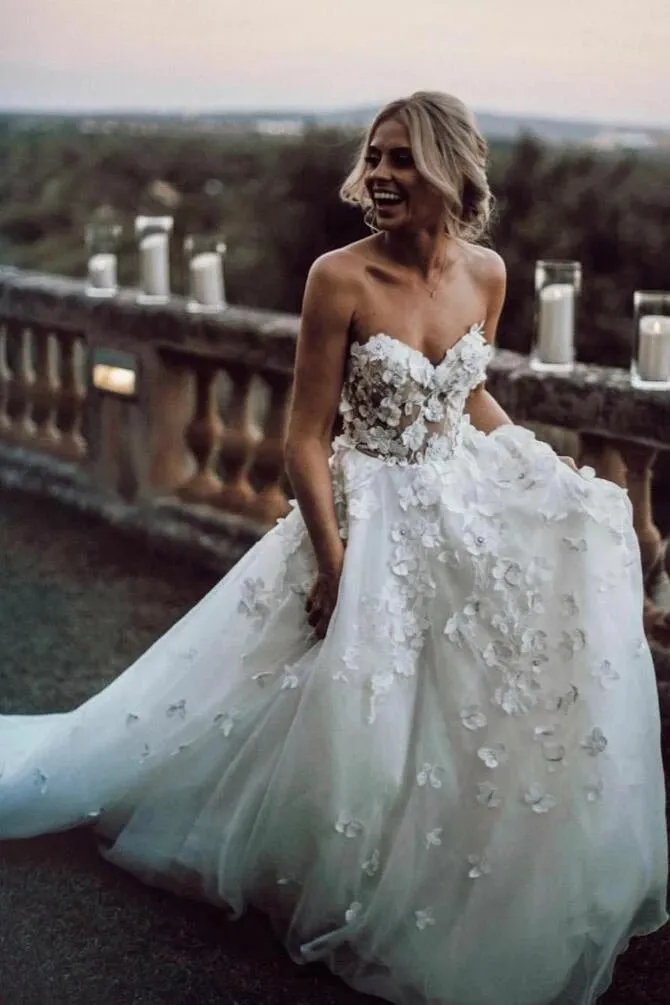 Sweetheart 3D Floral Wedding Dress Gown with Tulle Skirt