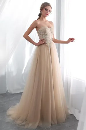 Sweetheart Appliques Champagne Long Prom Dress with Lace-Up Back