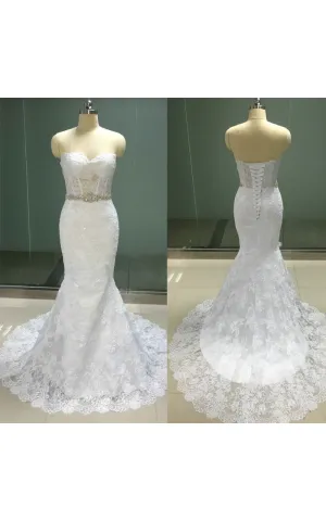 Sweetheart Corseted Mermaid Lace Gown With Crystal Waist and Lace-up-BU_708756