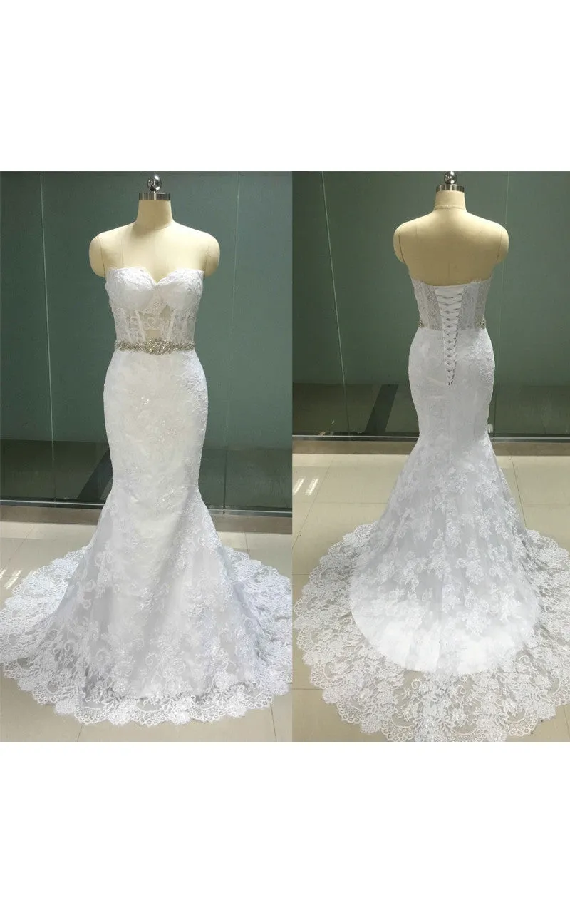 Sweetheart Corseted Mermaid Lace Gown With Crystal Waist and Lace-up-BU_708756