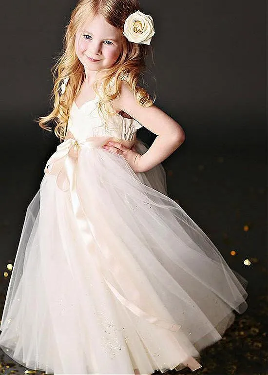 Sweetheart  Floor-length Spaghetti Straps Tulle Flower Girl Dresses With Belt ,Cheap Flower Girl Dresses,FGY0190