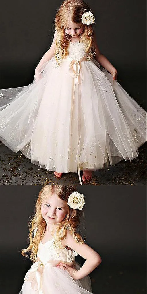 Sweetheart  Floor-length Spaghetti Straps Tulle Flower Girl Dresses With Belt ,Cheap Flower Girl Dresses,FGY0190