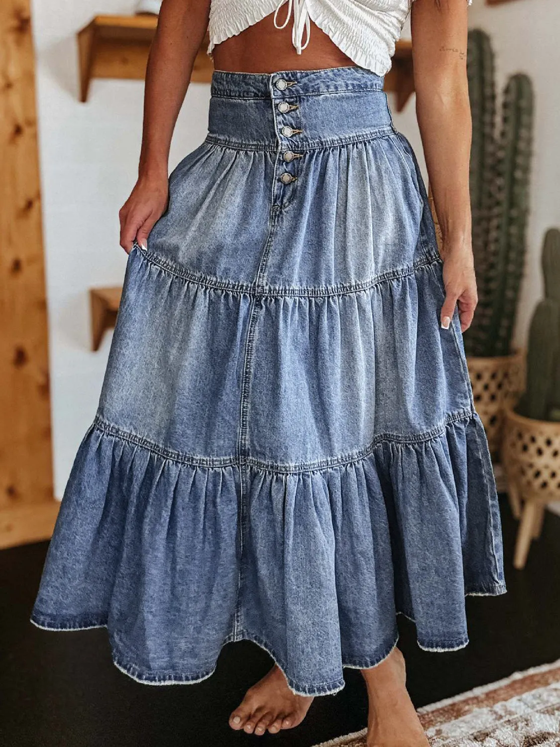 The Wild Rose Tiered Skirt – Western Button-Fly Denim Midi