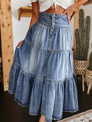 The Wild Rose Tiered Skirt – Western Button-Fly Denim Midi